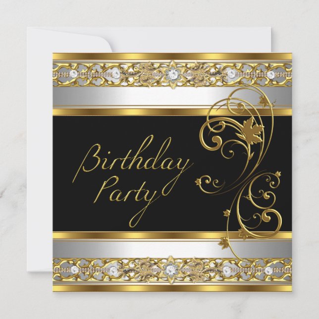 Birthday Party Ornate Black Gold White Image Invitation (Front)
