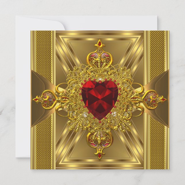 Birthday Party Ornate Red Jewelled Heart Gold Book Invitation (Front)