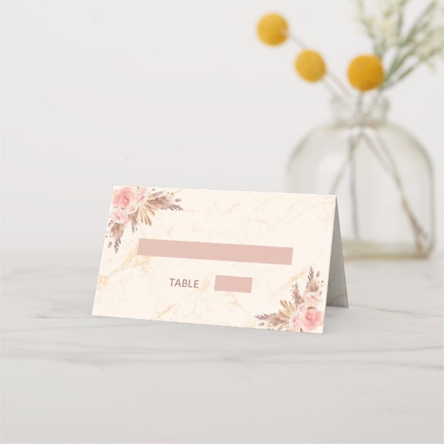 Birthday party pampas grass blush florals marble place card (Front)