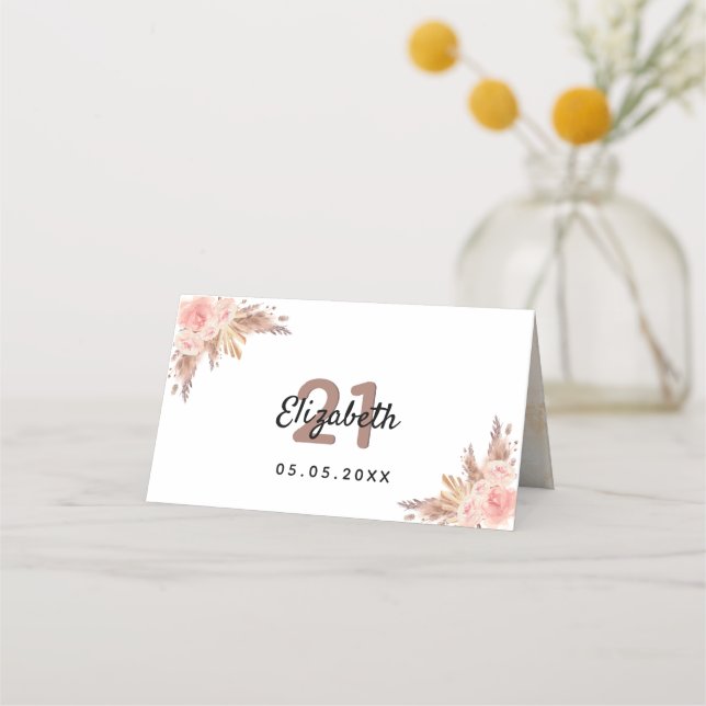 Birthday party pampas grass blush florals name place card (Back)