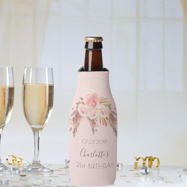 Birthday party pampas grass blush rose floral name bottle cooler (Creator Uploaded)