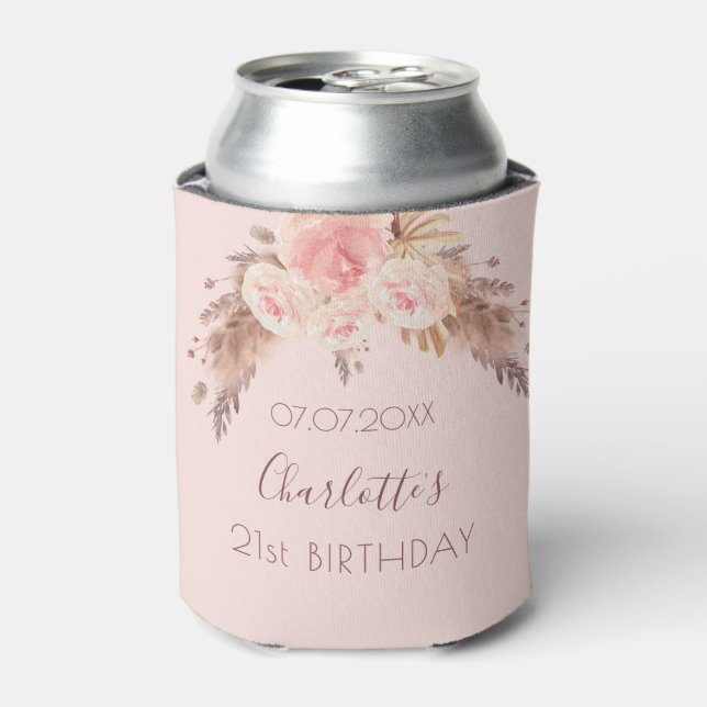 Birthday party pampas grass blush rose floral name can cooler (Can Front)