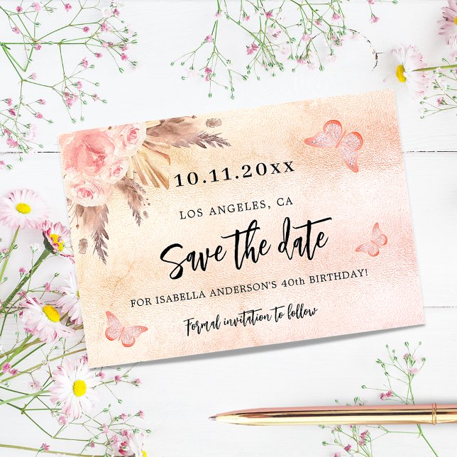 Birthday party pampas grass florals butterflies save the date (Creator Uploaded)
