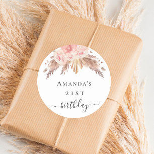 Birthday party pampas grass rose gold floral classic round sticker
