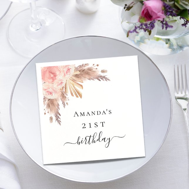 Birthday party pampas grass rose gold floral napkin (Creator Uploaded)