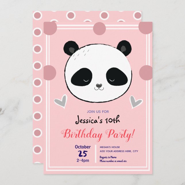 Birthday Party Panda Face and Pink Polka Dots Invitation (Front/Back)