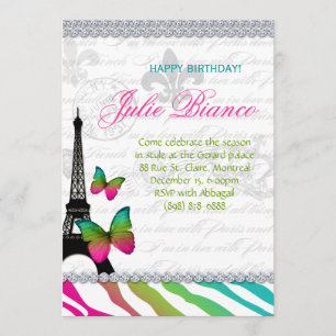 Birthday Party Paris Card Eiffel Tower Butterflies