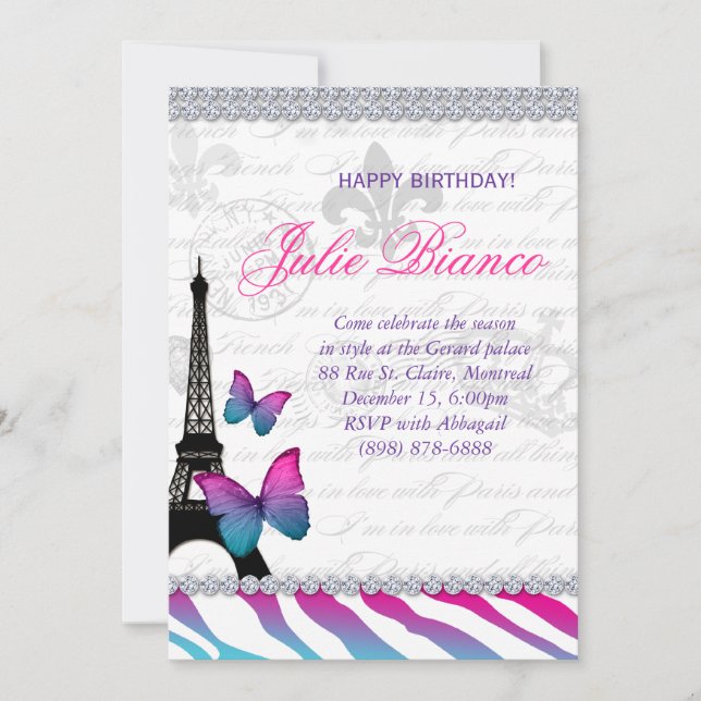 Birthday Party Paris Card Eiffel Tower Butterflies (Front)
