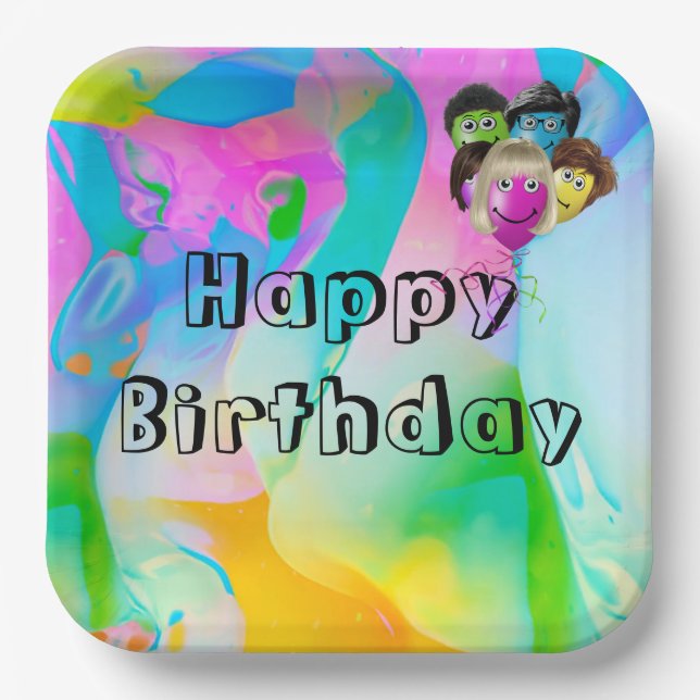 Birthday Party People Balloons Paper Plate (Front)