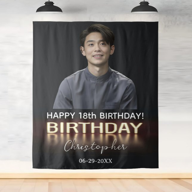 Birthday Party Personalised Photo Neon Gold Light Tapestry (Transform your birthday party with our custom photo neon gold light tapestry!)