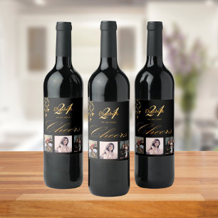 Birthday party photo black gold cheers script glam wine label