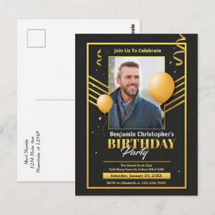 Birthday Party Photo Black Gold Invitation  Postcard