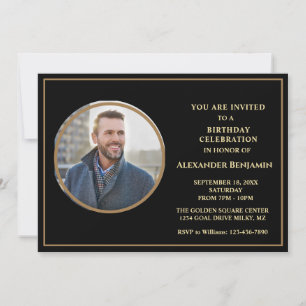 Birthday Party Photo Black Gold Personalise Invitation
