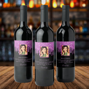 Birthday party photo black purple glitter welcome wine label