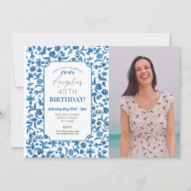 Birthday Party Photo Blue & White Floral Ditsy Invitation (Front)