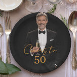 Birthday party photo cheers gold paper plate<br><div class="desc">Personalize and add a his name.  Text overlay: Cheers to</div>