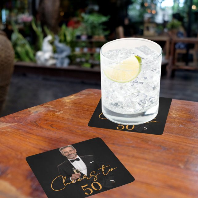 Birthday party photo cheers gold square paper coaster (Creator Uploaded)