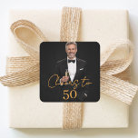 Birthday party photo cheers gold square sticker<br><div class="desc">Personalize and add a his name.  Text overlay: Cheers to</div>