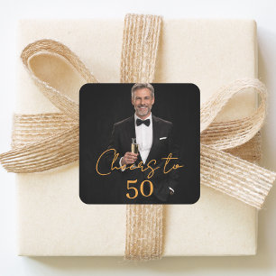 Birthday party photo cheers gold square sticker