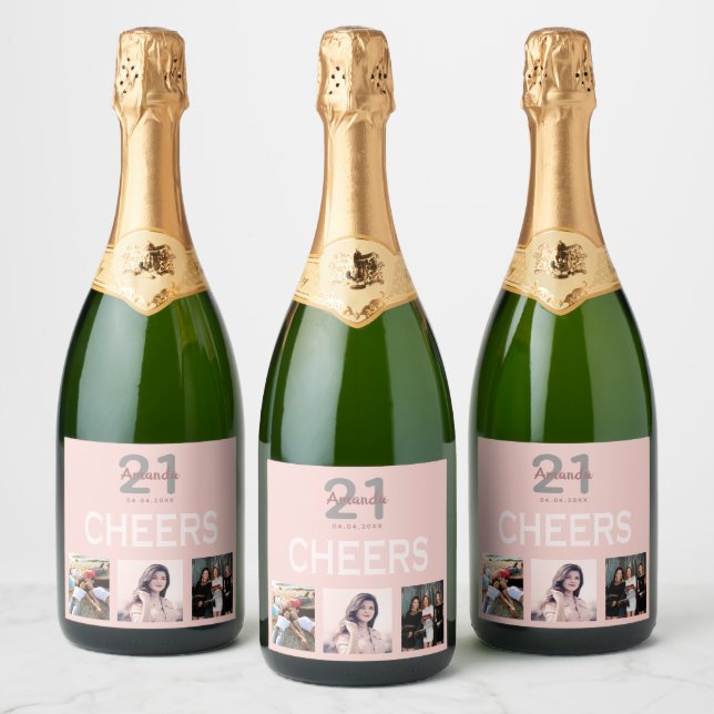 Birthday party photo collage rose gold cheers sparkling wine label (Bottles)