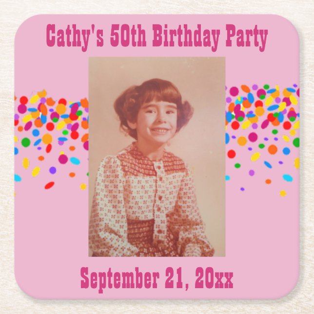 Birthday Party Photo Favour Pink Girly Square Paper Coaster (Front)