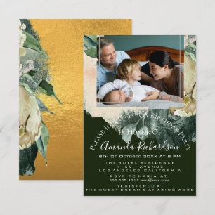 Birthday Party Photo  Floral Gold Green Framed Invitation