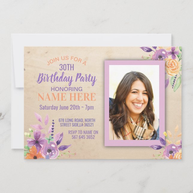 Birthday Party Photo Flowers Purple Lilac Invite (Front)