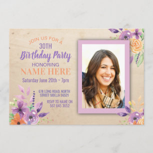 Birthday Party Photo Flowers Purple Lilac Invite