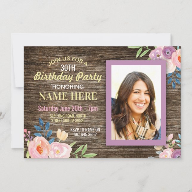 Birthday Party Photo Flowers Rustic Wood Invite (Front)