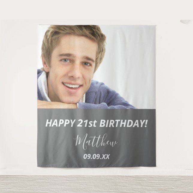 Birthday party photo grey white modern guy welcome tapestry (Front)