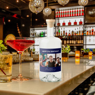 Birthday party photo navy blue modern guy liquor bottle label