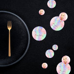 Birthday party photo rainbow holographic stars confetti<br><div class="desc">Girly and feminine confetti for your 21st (or any age) birthday party table setting. A rainbow, holographic coloured background in purple, pink, rose gold and mint green, decorated with dripping stars. Personalise and add a date and name/age 21. Grey coloured letters. Some confetti chips with name and date, others with...</div>
