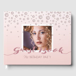 Birthday party photo rose gold diamonds pink glam guest book