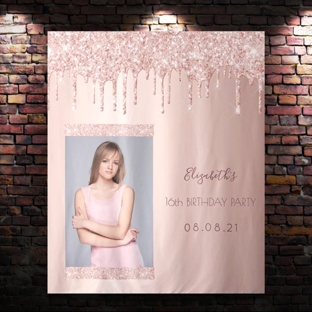 Birthday party photo rose gold glitter drips tapestry (Creator Uploaded)