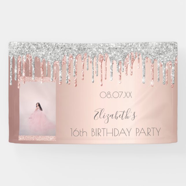 Birthday party photo rose gold glitter pink silver banner (Horizontal)