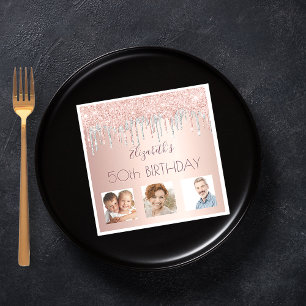 Birthday party photo rose gold glitter pink silver napkin