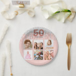 Birthday party photo rose gold glitter pink silver paper plate<br><div class="desc">For a 50th (or any age) birthday party, celebrating her life with a collage of 6 of your own photos. Personalise and add a name, age 50 and a date. Date of birth or the date of the party. Dark rose gold and black coloured letters. A trendy rose gold coloured...</div>