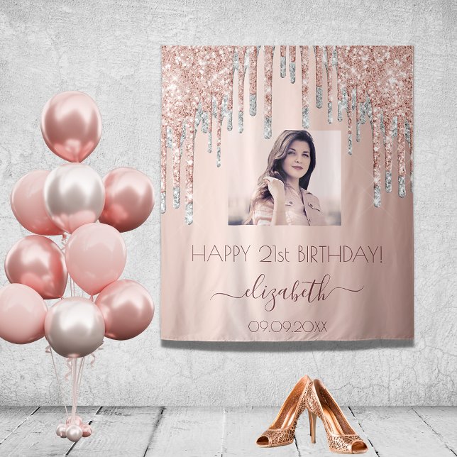Birthday party photo rose gold glitter pink silver tapestry (Creator Uploaded)