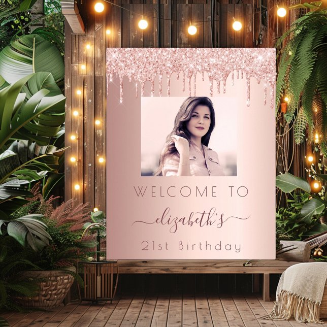 Birthday party photo rose gold glitter welcome poster (Creator Uploaded)
