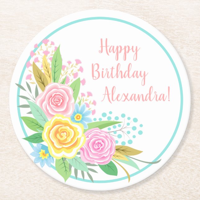 Birthday Party Pineapple Roses Bouquet Pink Yellow Round Paper Coaster (Front)