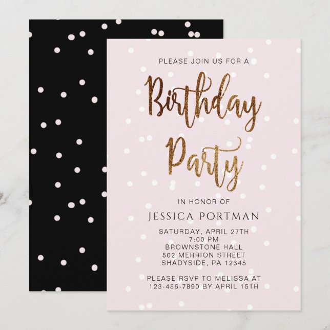 Birthday Party Pink and Black with Pretty Confetti Invitation (Front/Back)