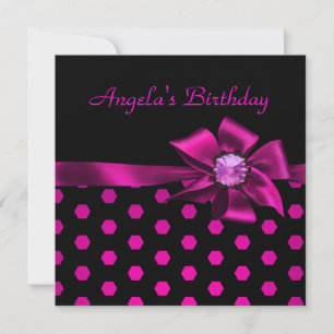 Birthday Party Pink Bow Black Pink Spot Invitation