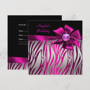 Birthday Party Pink Bow Black Pink Zebra Silver Invitation