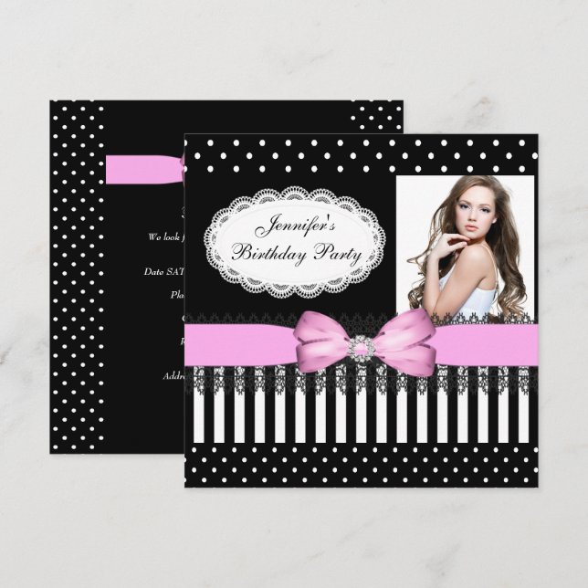 Birthday Party Pink Bow Black White Polka Dots Invitation (Front/Back)