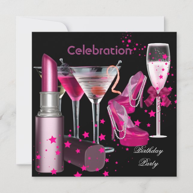 Birthday Party Pink Champagne Drinks Invitation (Front)