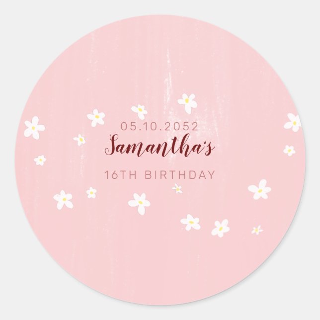 Birthday Party Pink Daisies Sweet Girly Script  Classic Round Sticker (Front)