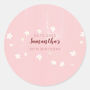 Birthday Party Pink Daisies Sweet Girly Script Classic Round Sticker