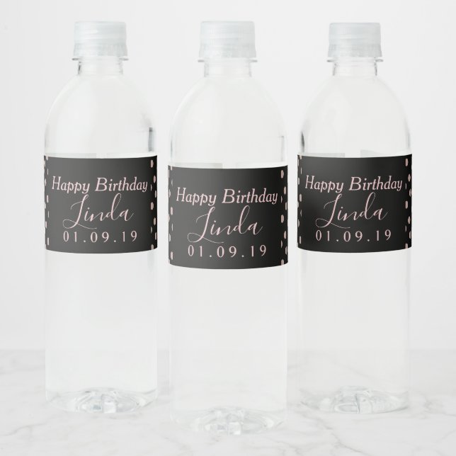 Birthday Party Pink Dots Black  Water Bottle Label (Bottles)