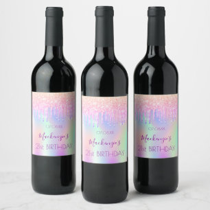 Birthday party pink drips holographic name wine label