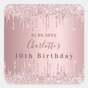 Birthday party pink dusty rose glitter drip luxury square sticker